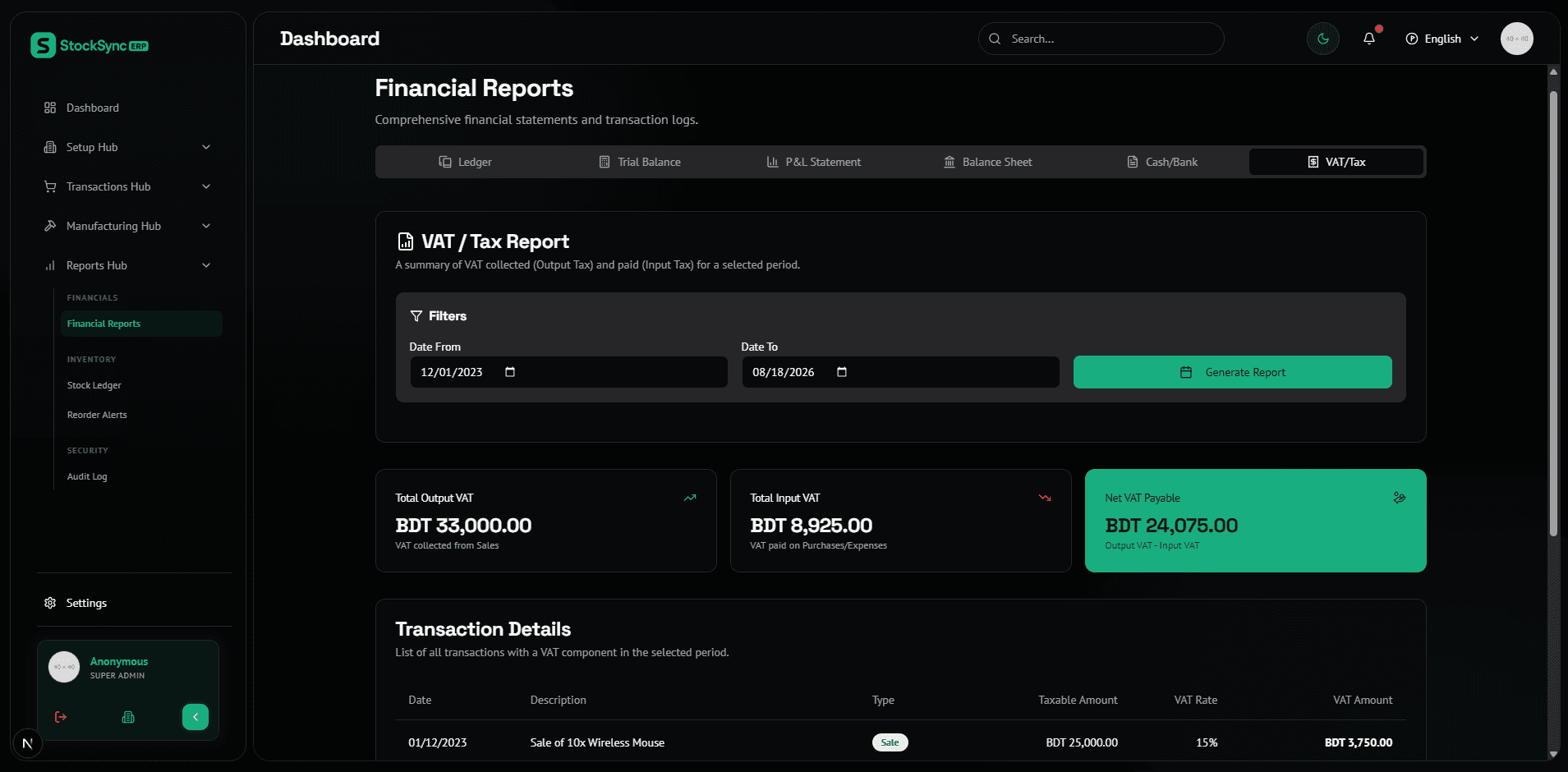 StockSync ERP Accounting Panel Interface