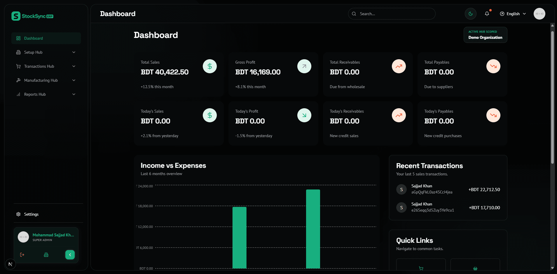 StockSync ERP Sales Dashboard Interface